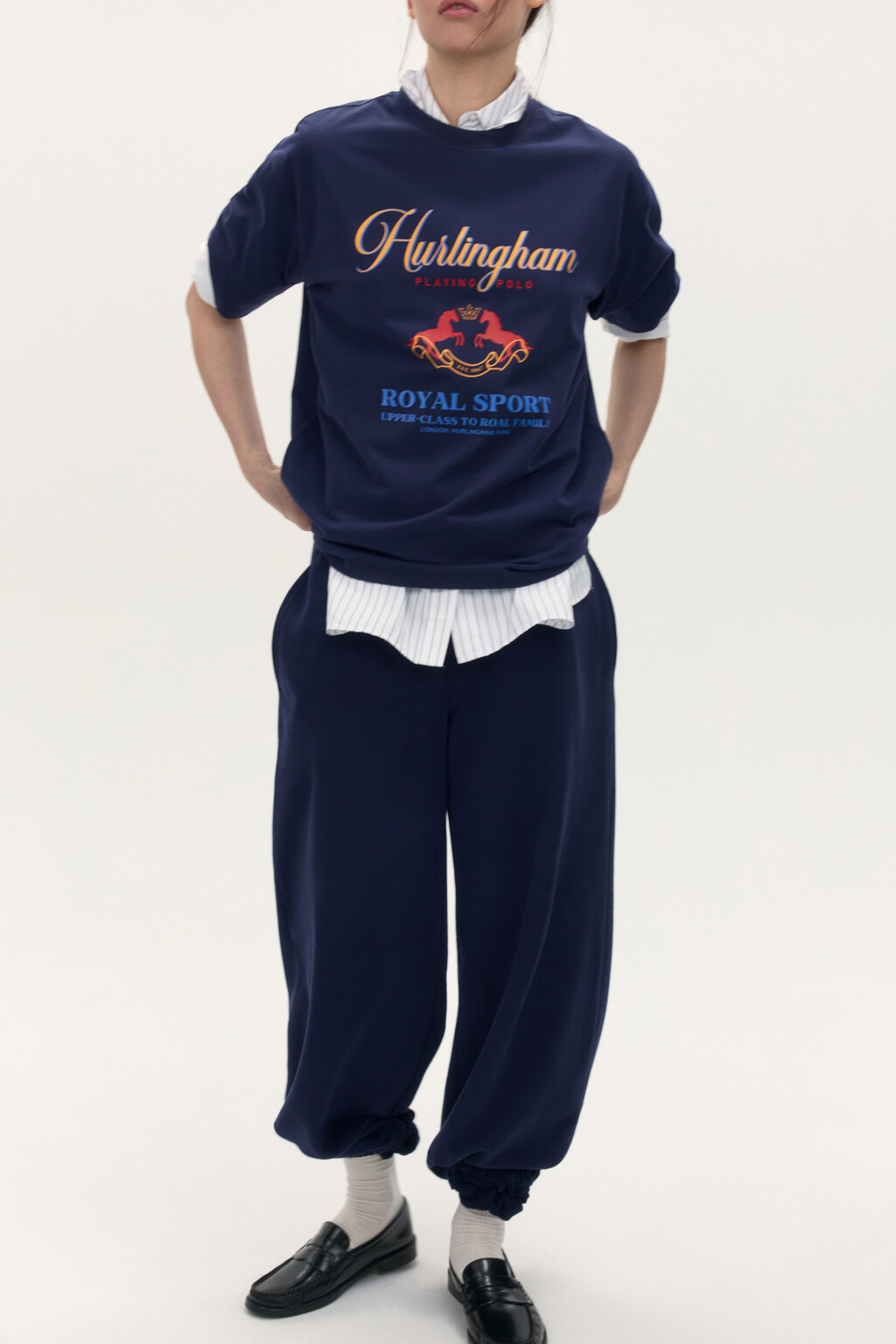 Брюки-джоггеры широкие из футера - цвет синий - 2