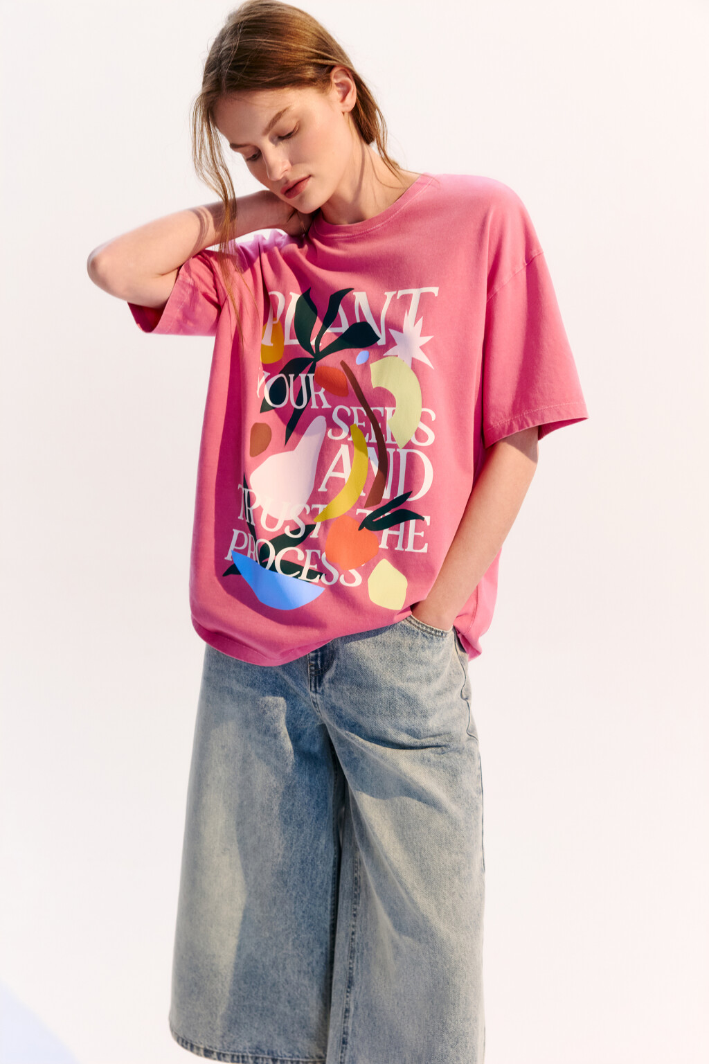 Футболка хлопковая с летним принтом - цвет розовый - 1