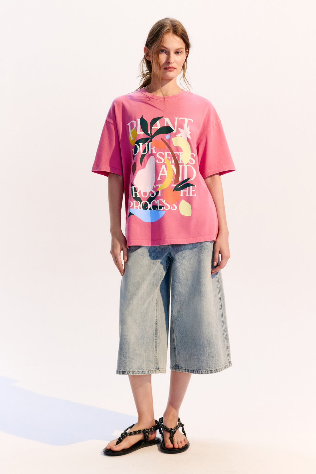 Футболка хлопковая с летним принтом - цвет розовый - 4