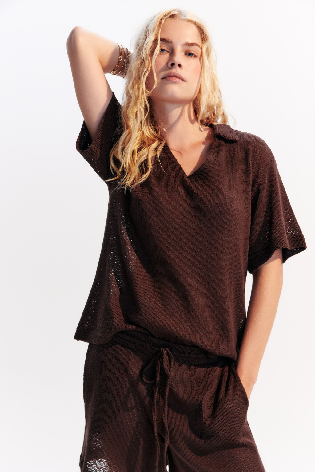 Футболка-поло из вязаного трикотажа - цвет коричневый - 1