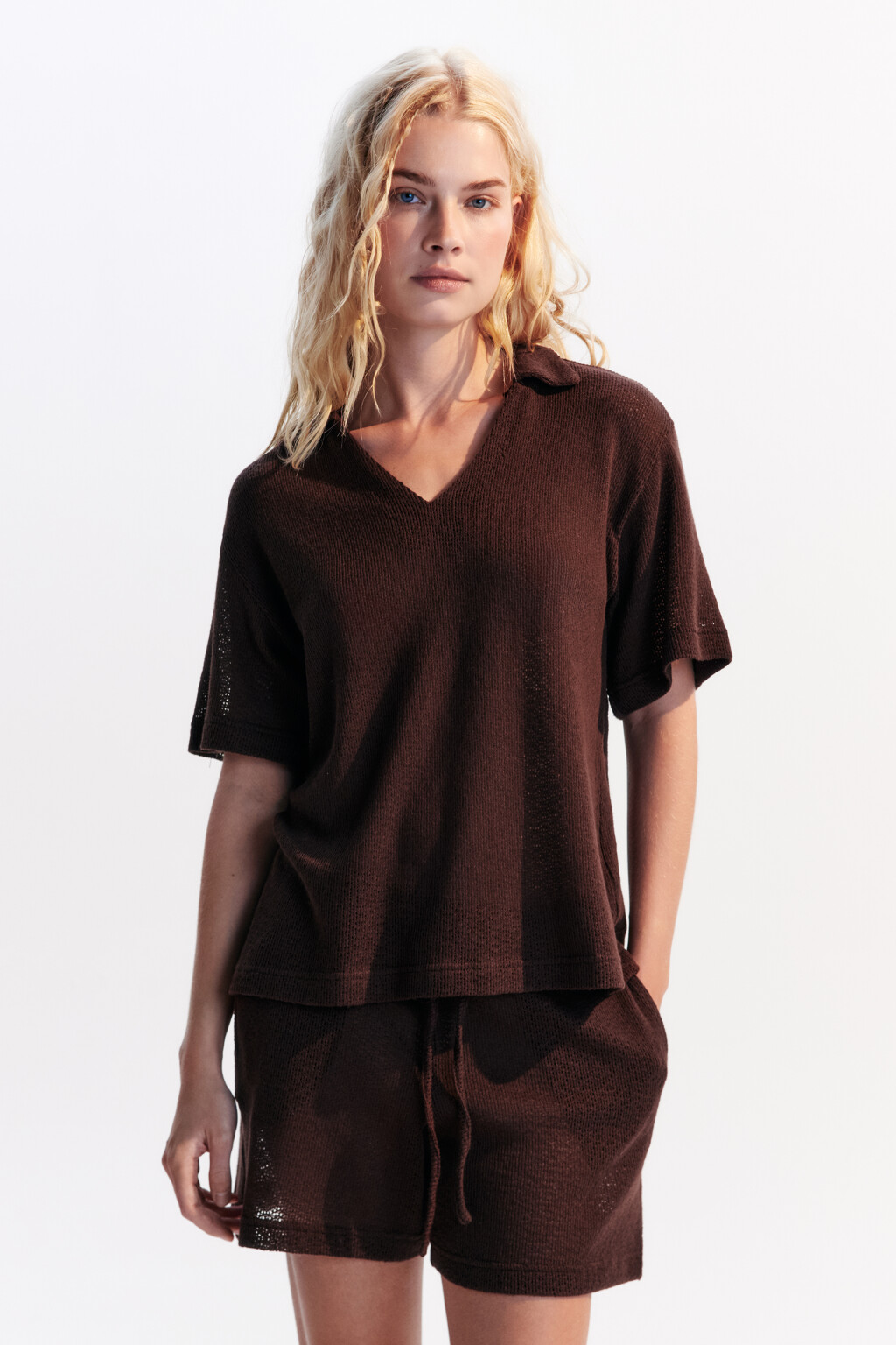 Футболка-поло из вязаного трикотажа - цвет коричневый - 2