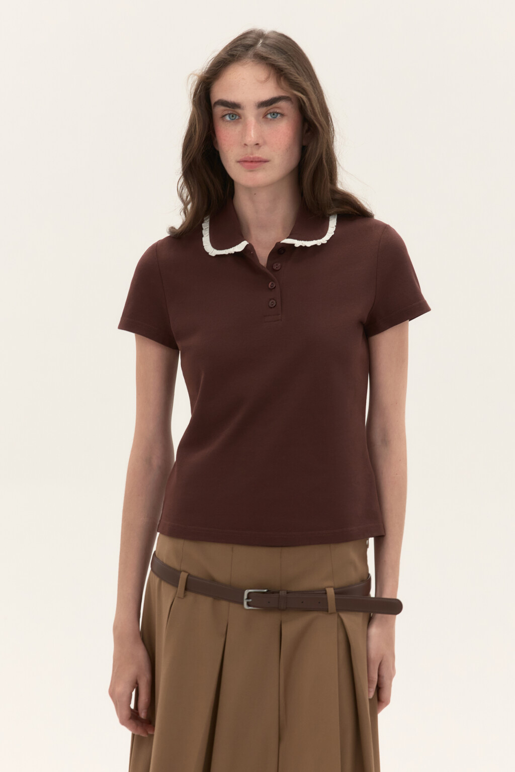 Футболка-поло с ажурным воротником - цвет коричневый - 2