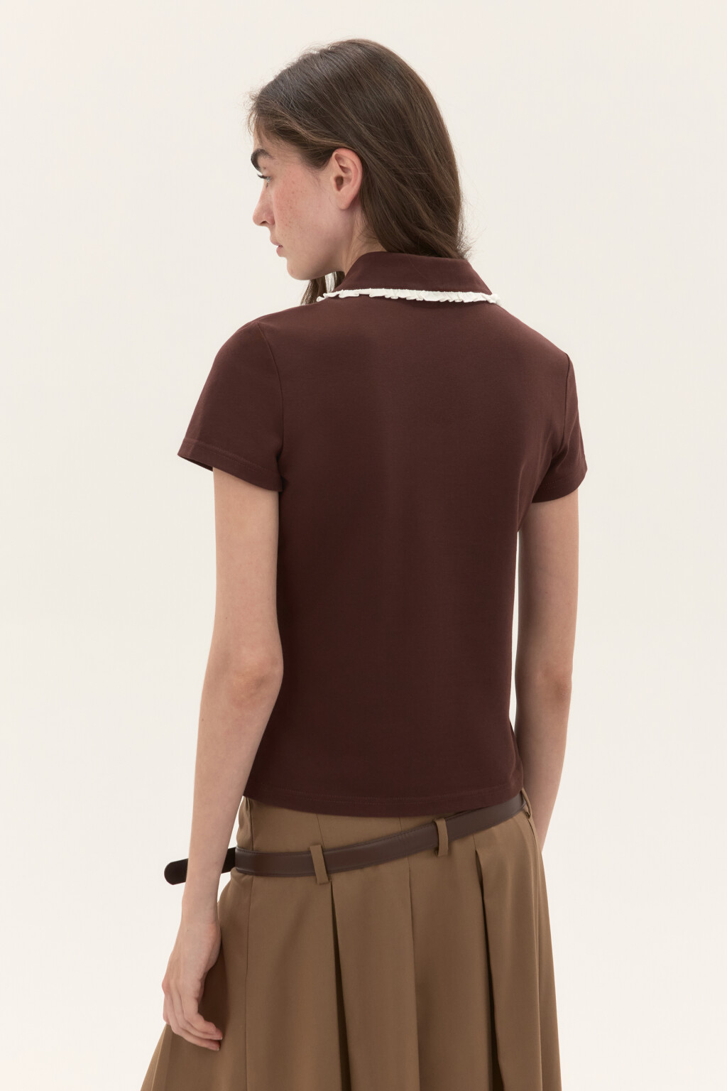 Футболка-поло с ажурным воротником - цвет коричневый - 3