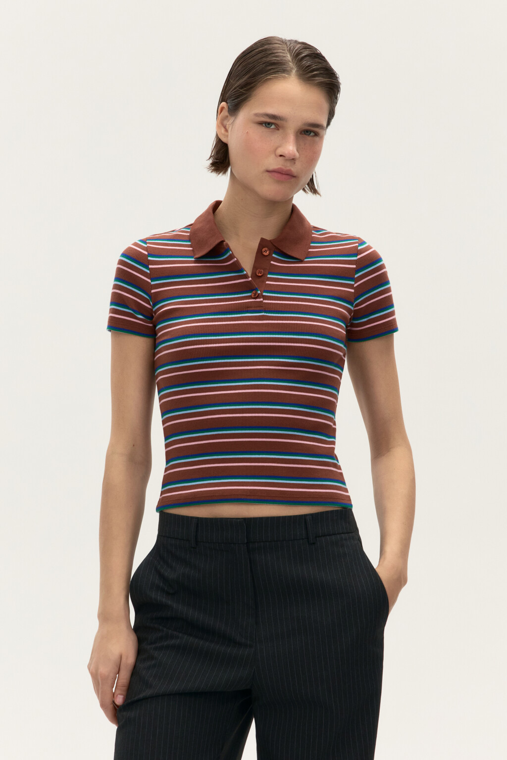 Футболка-поло в полоску - цвет коричневый - 2