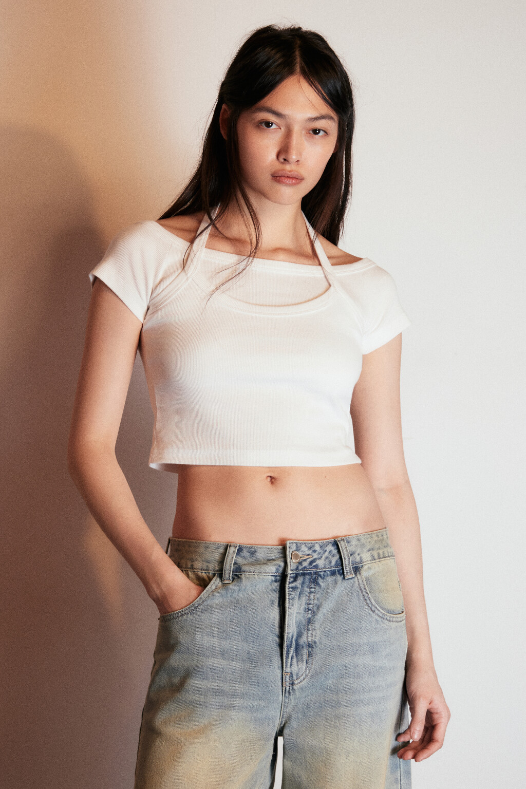 Футболка в рубчик двуслойная - цвет белый - 2