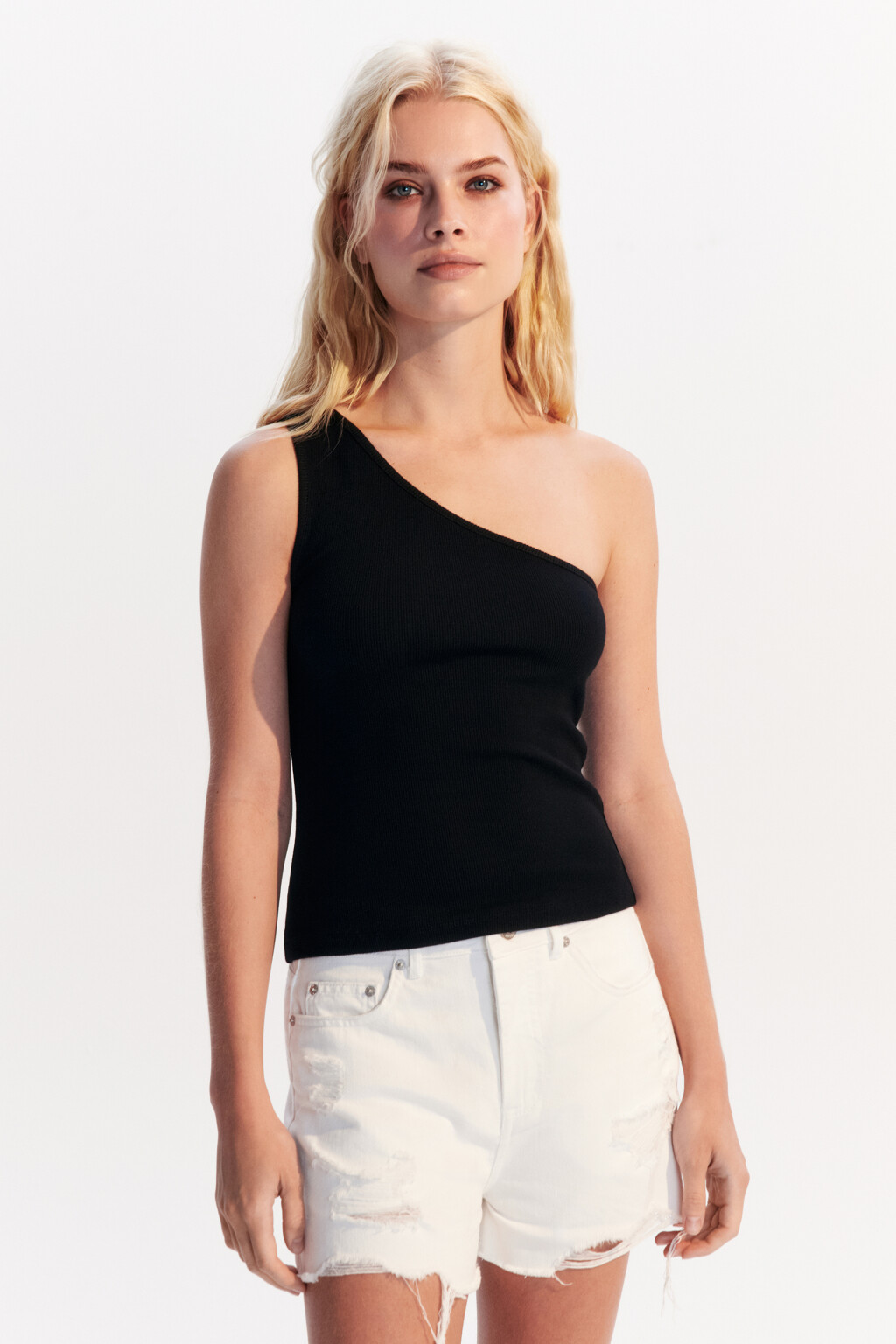 Майка в рубчик на одно плечо - цвет черный - 2