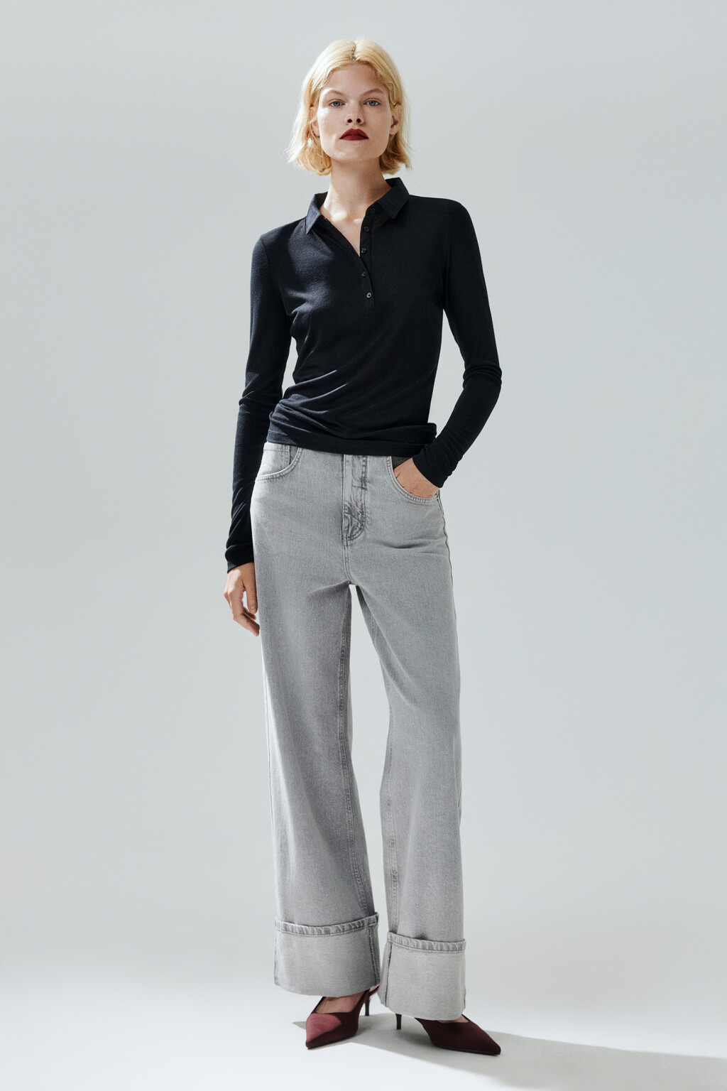 Лонгслив-поло из тонкого трикотажа - цвет черный - 4