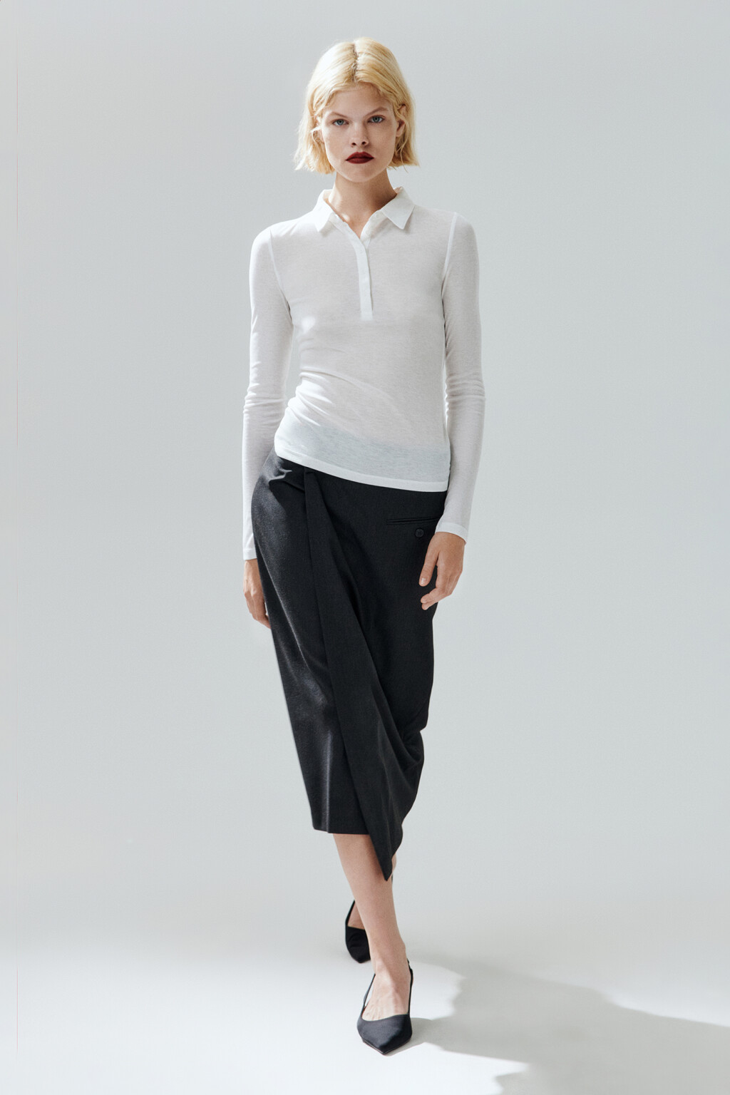 Лонгслив-поло из тонкого трикотажа - цвет молочный - 1