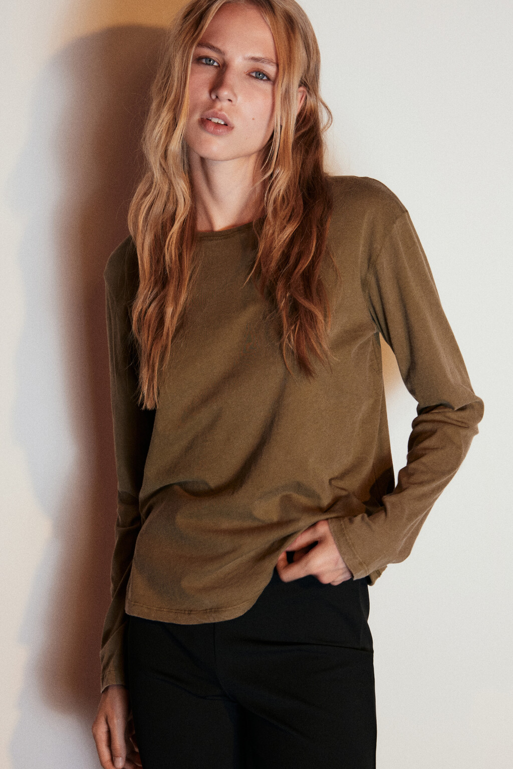 Лонгслив из хлопкового трикотажа - цвет зеленый - 1