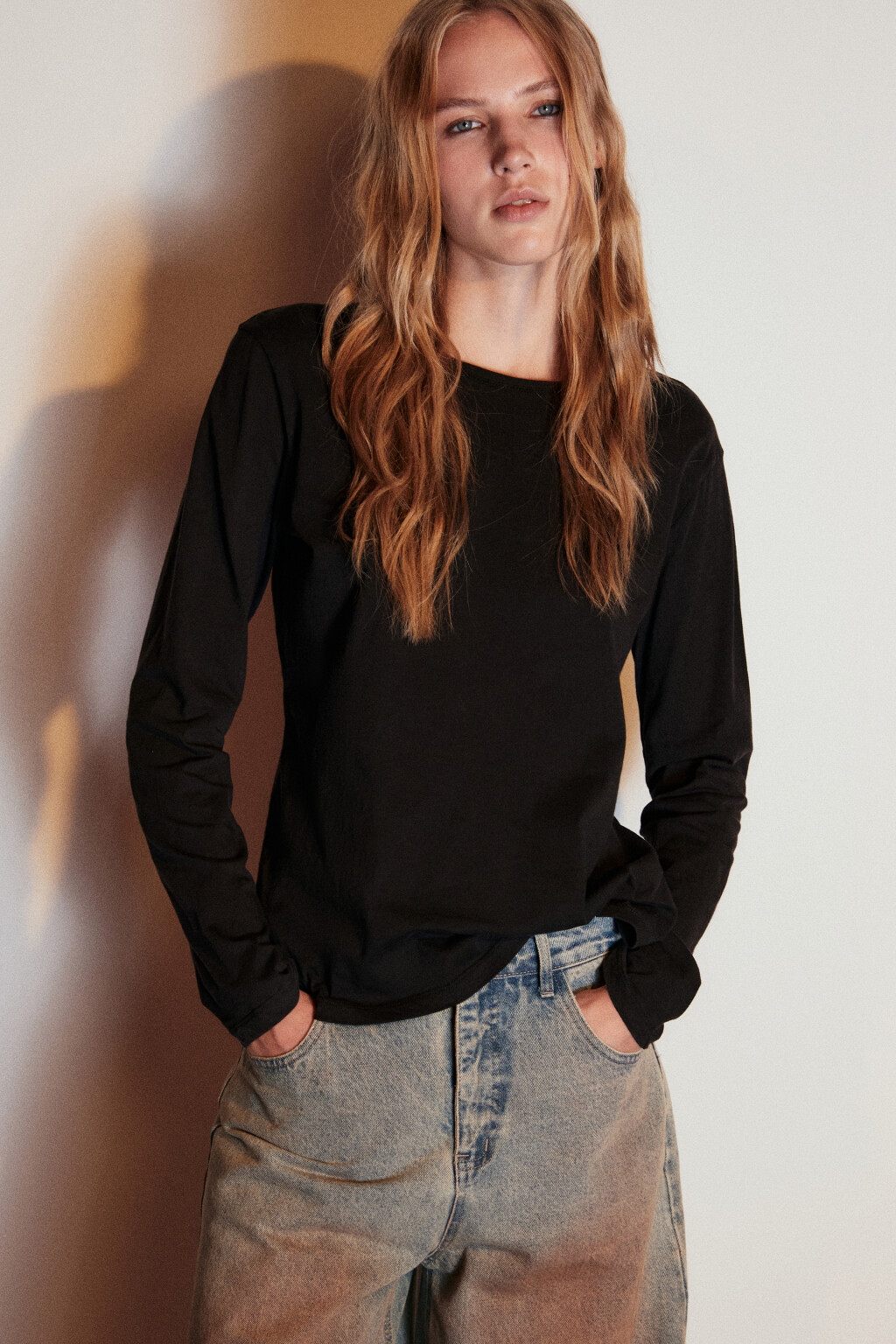Лонгслив из хлопкового трикотажа - цвет черный - 1