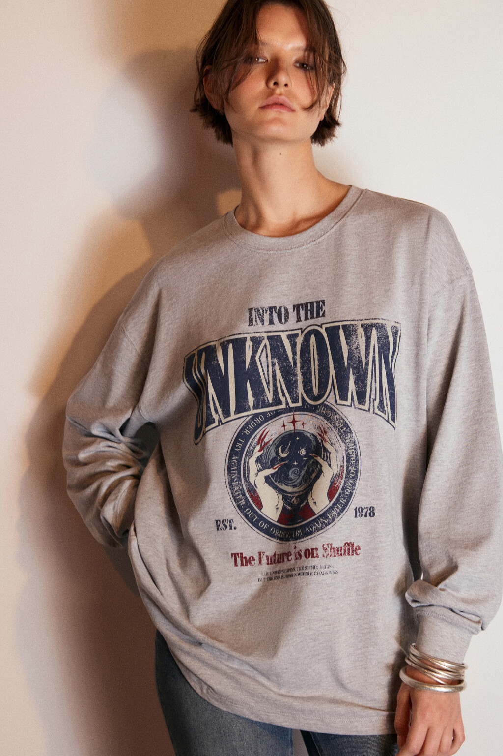 Лонгслив трикотажный с принтом - цвет серый - 1