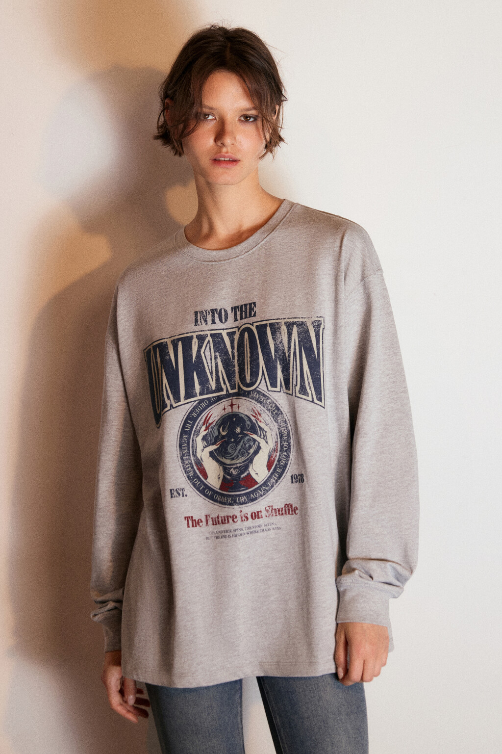 Лонгслив трикотажный с принтом - цвет серый - 2