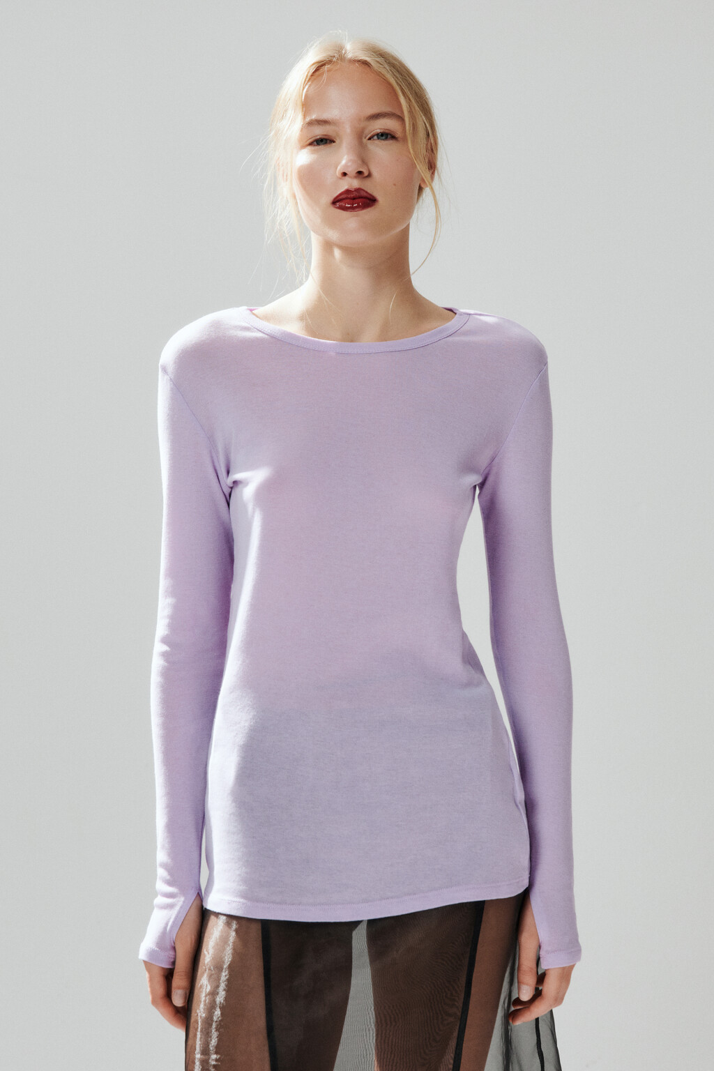 Лонгслив удлиненный из тонкого хлопка - цвет сиреневый - 2