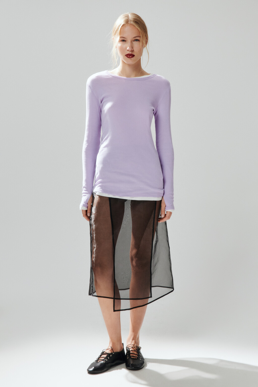 Лонгслив удлиненный из тонкого хлопка - цвет сиреневый - 4