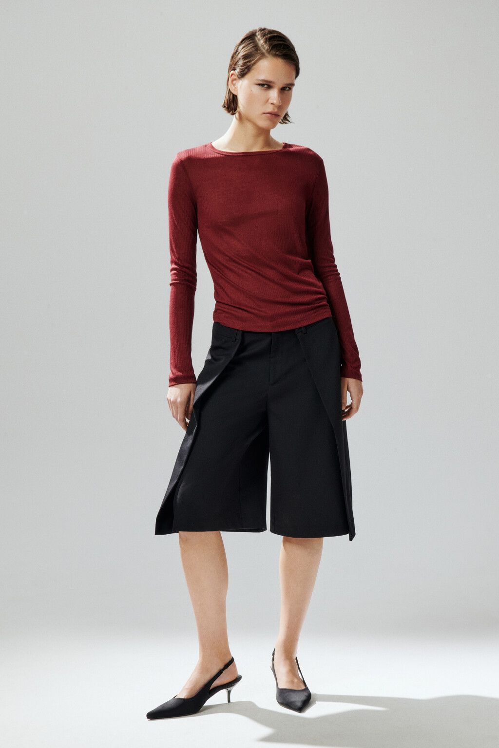 Лонгслив полупрозрачный в рубчик - цвет красный - 4