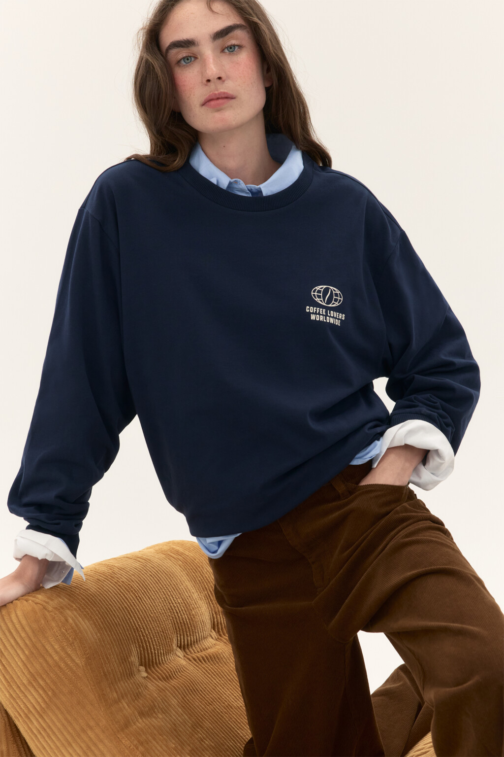 Лонгслив хлопковый с принтом - цвет синий - 1