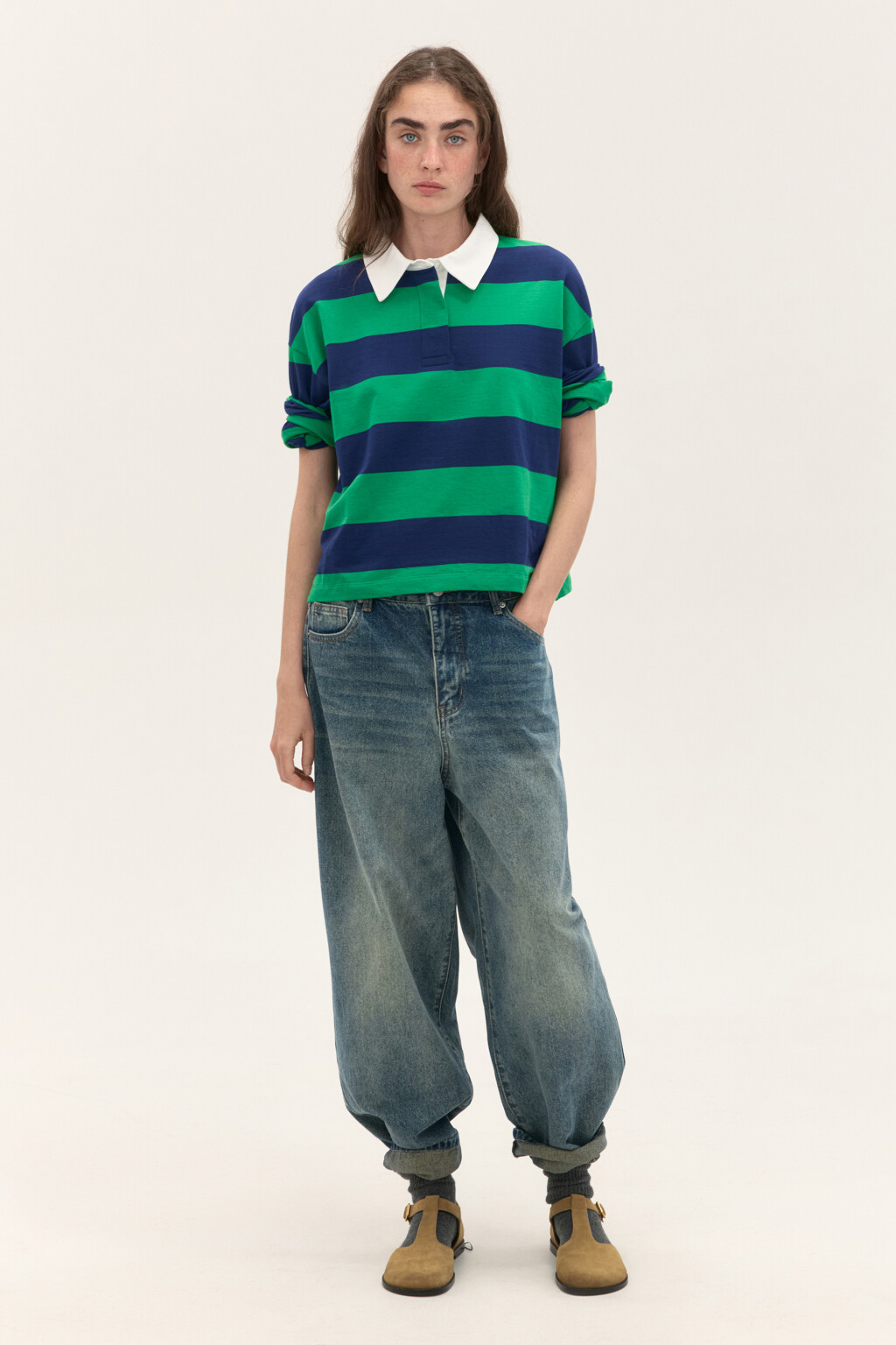 Лонгслив с рубашечным воротником - цвет зеленый - 4