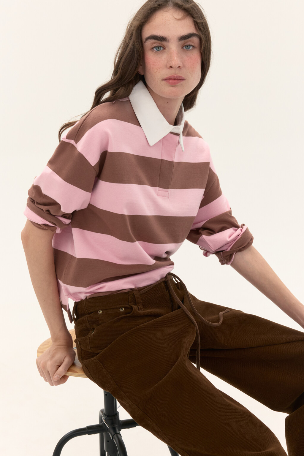 Лонгслив с рубашечным воротником - цвет бежевый - 1