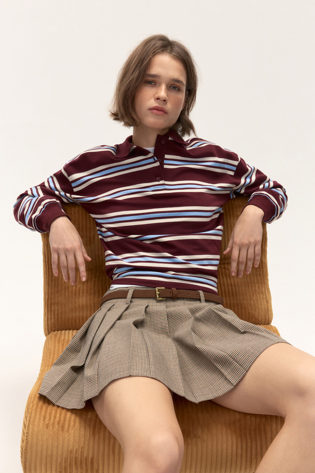 Джемпер-поло хлопковый в полоску - цвет коричневый - 1