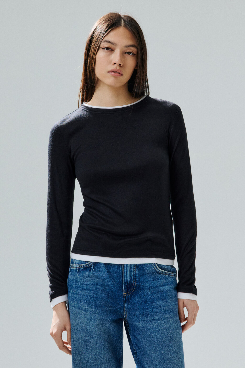 Лонгслив с имитацией второго слоя - цвет черный - 2