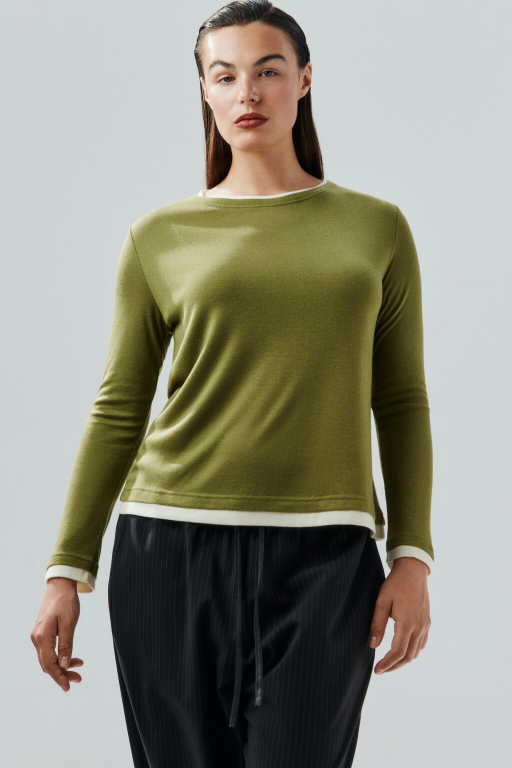 Лонгслив с имитацией второго слоя - цвет зеленый - 1