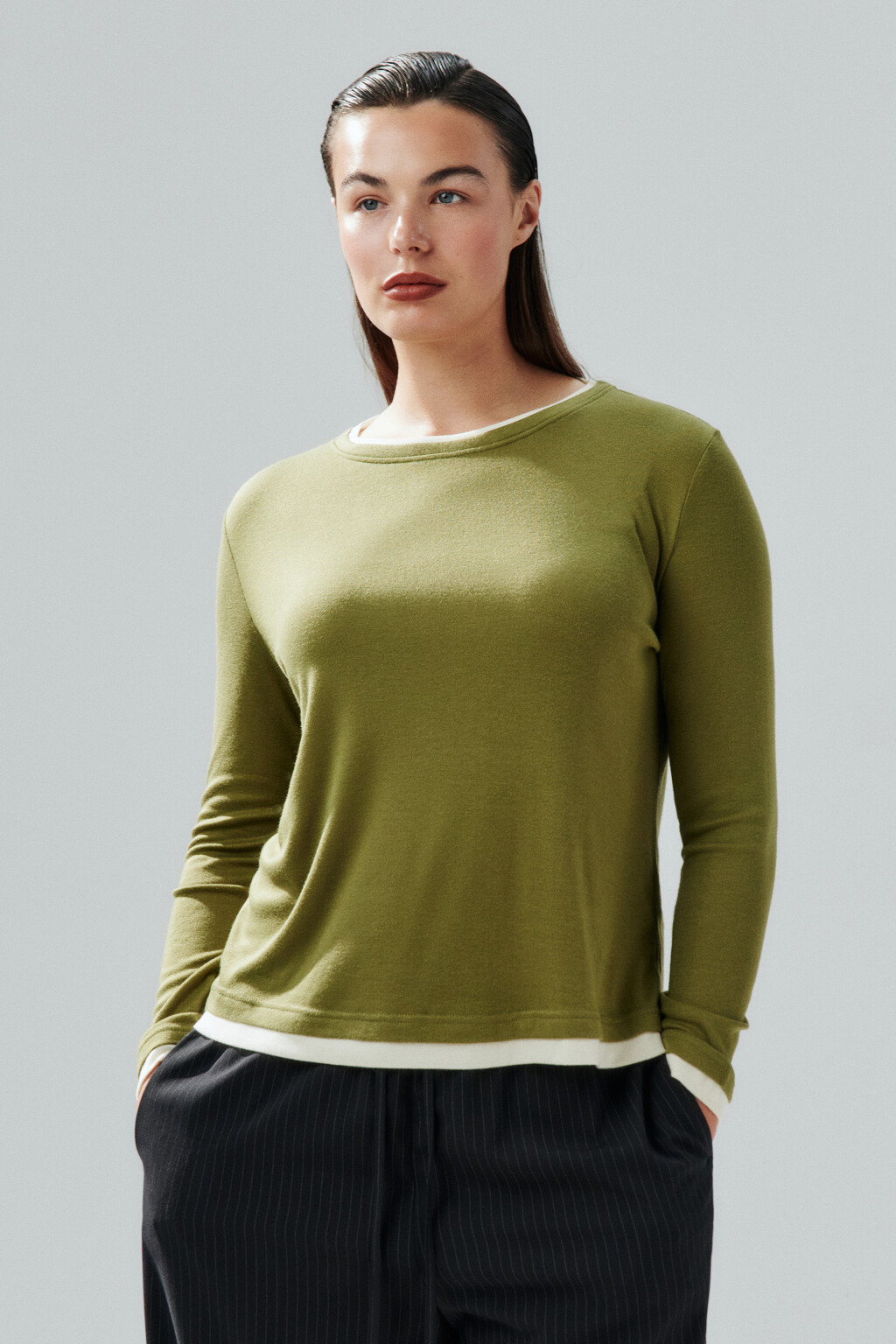 Лонгслив с имитацией второго слоя - цвет зеленый - 2