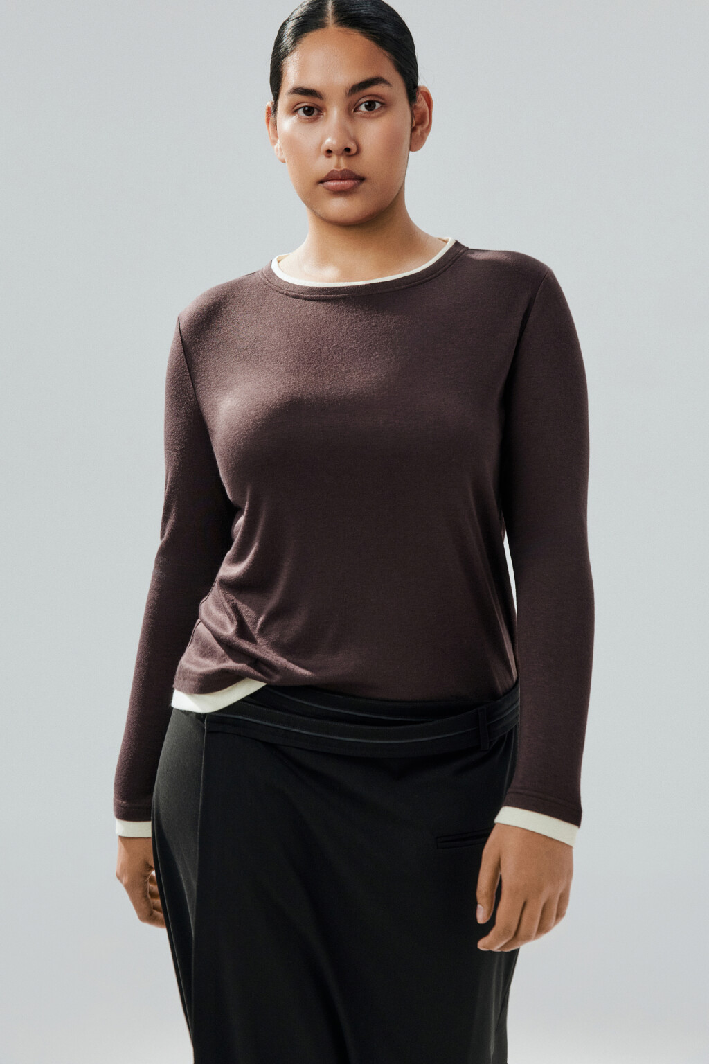 Лонгслив с имитацией второго слоя - цвет коричневый - 2