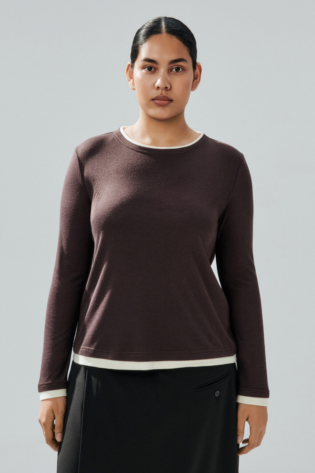 Лонгслив с имитацией второго слоя - цвет коричневый - 3