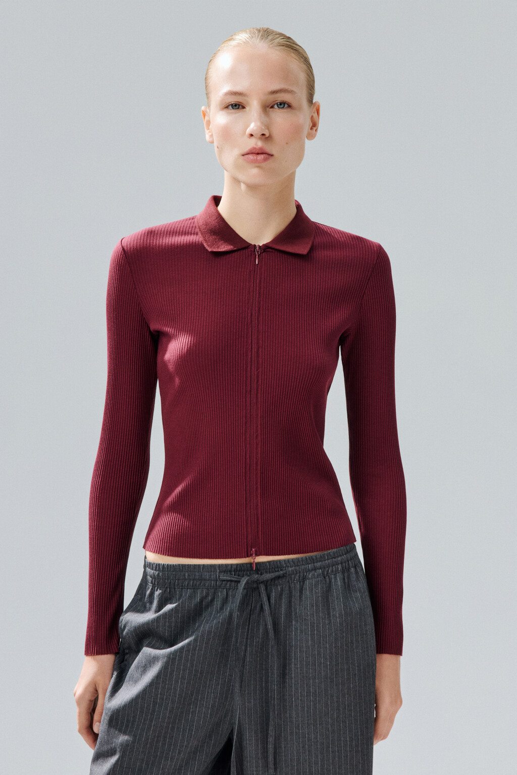 Лонгслив облегающий на молнии - цвет бордовый - 3