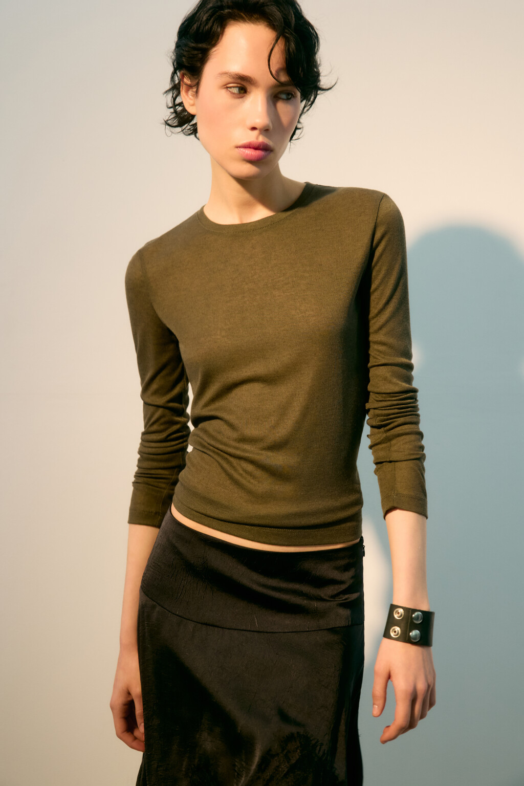 Лонгслив из тонкого трикотажа - цвет зеленый - 1