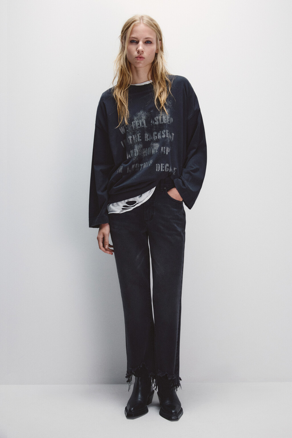 Лонгслив со стиркой и принтом - цвет серый - 5