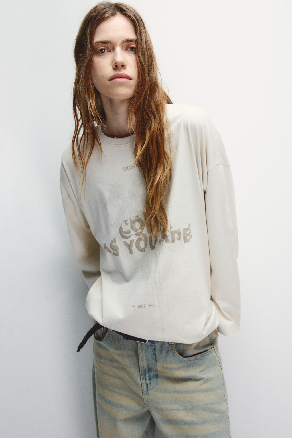 Лонгслив со стиркой и принтом - цвет бежевый - 1