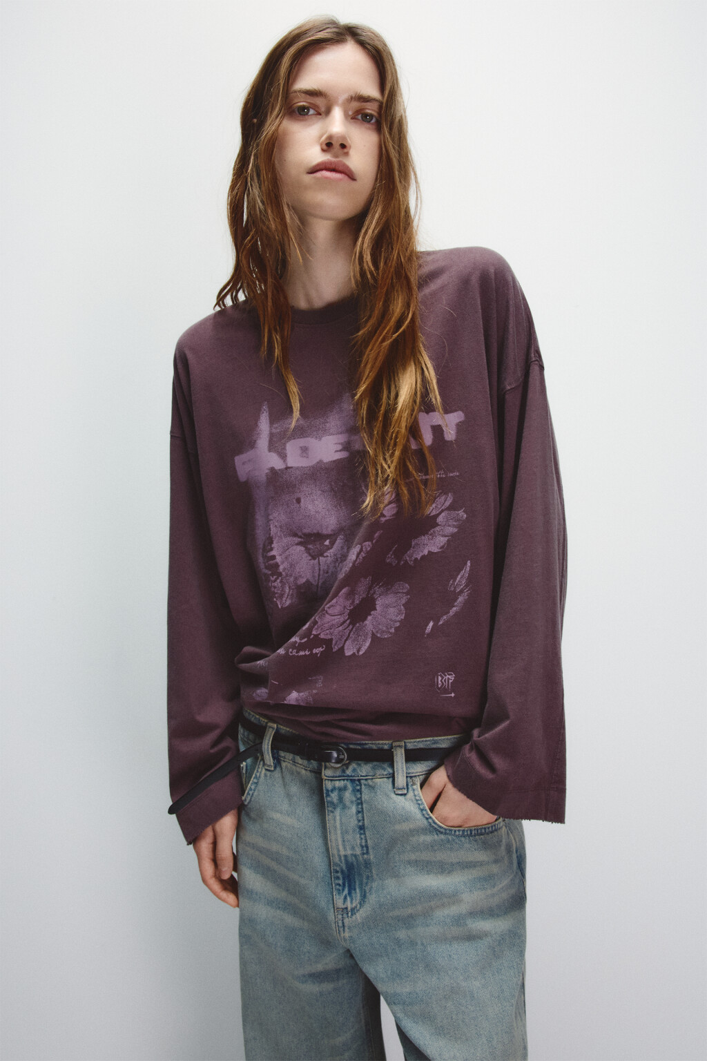 Лонгслив со стиркой и принтом - цвет фиолетовый - 1