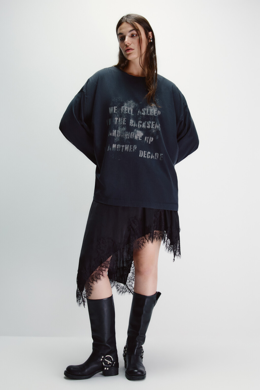 Лонгслив со стиркой и принтом - цвет серый - 4