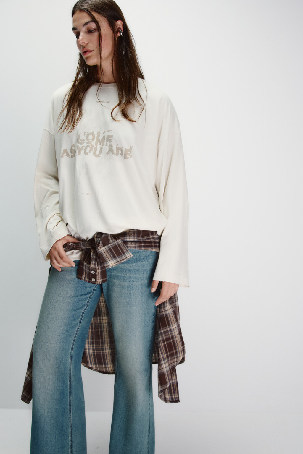 Лонгслив со стиркой и принтом - цвет бежевый - 1