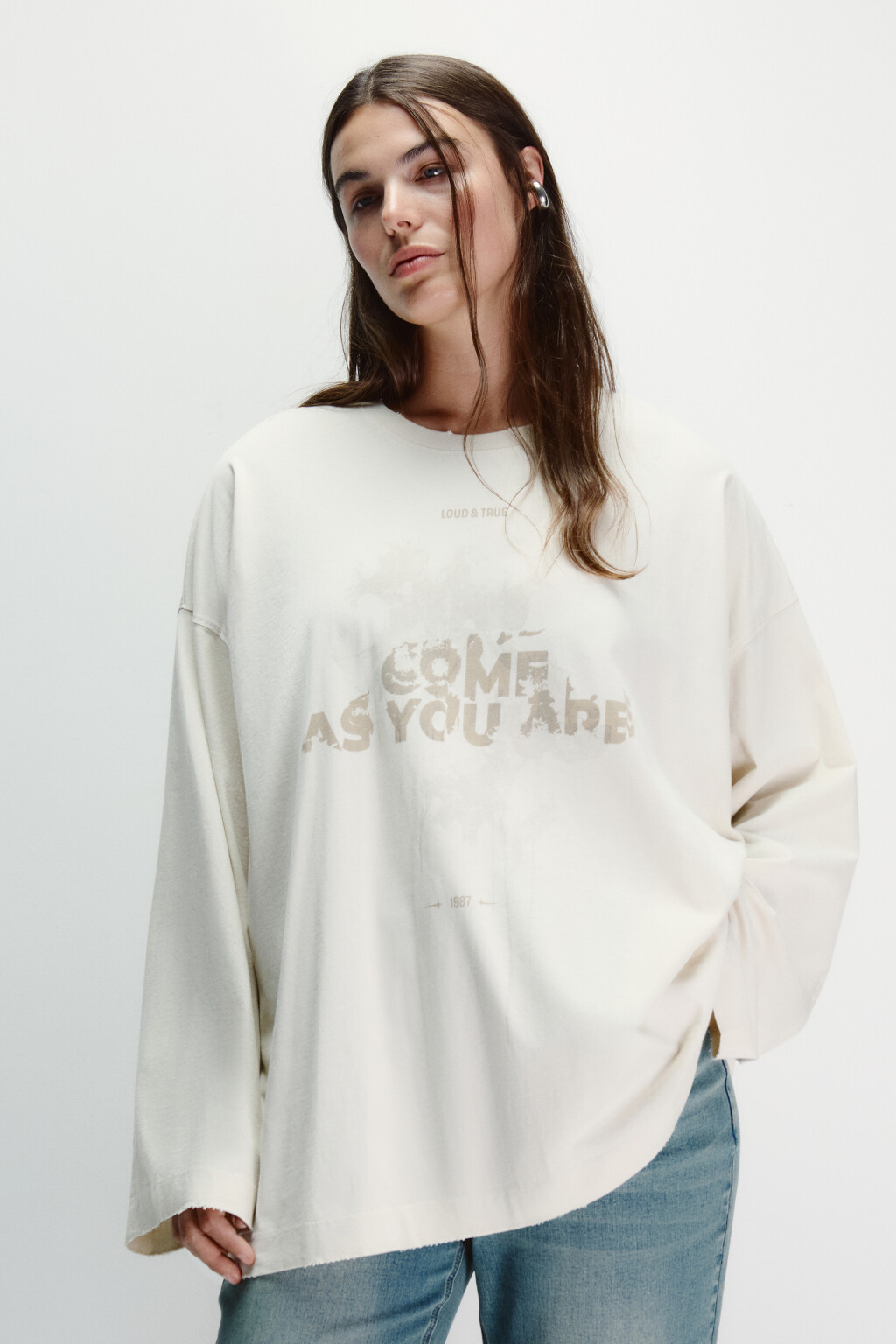 Лонгслив со стиркой и принтом - цвет бежевый - 3