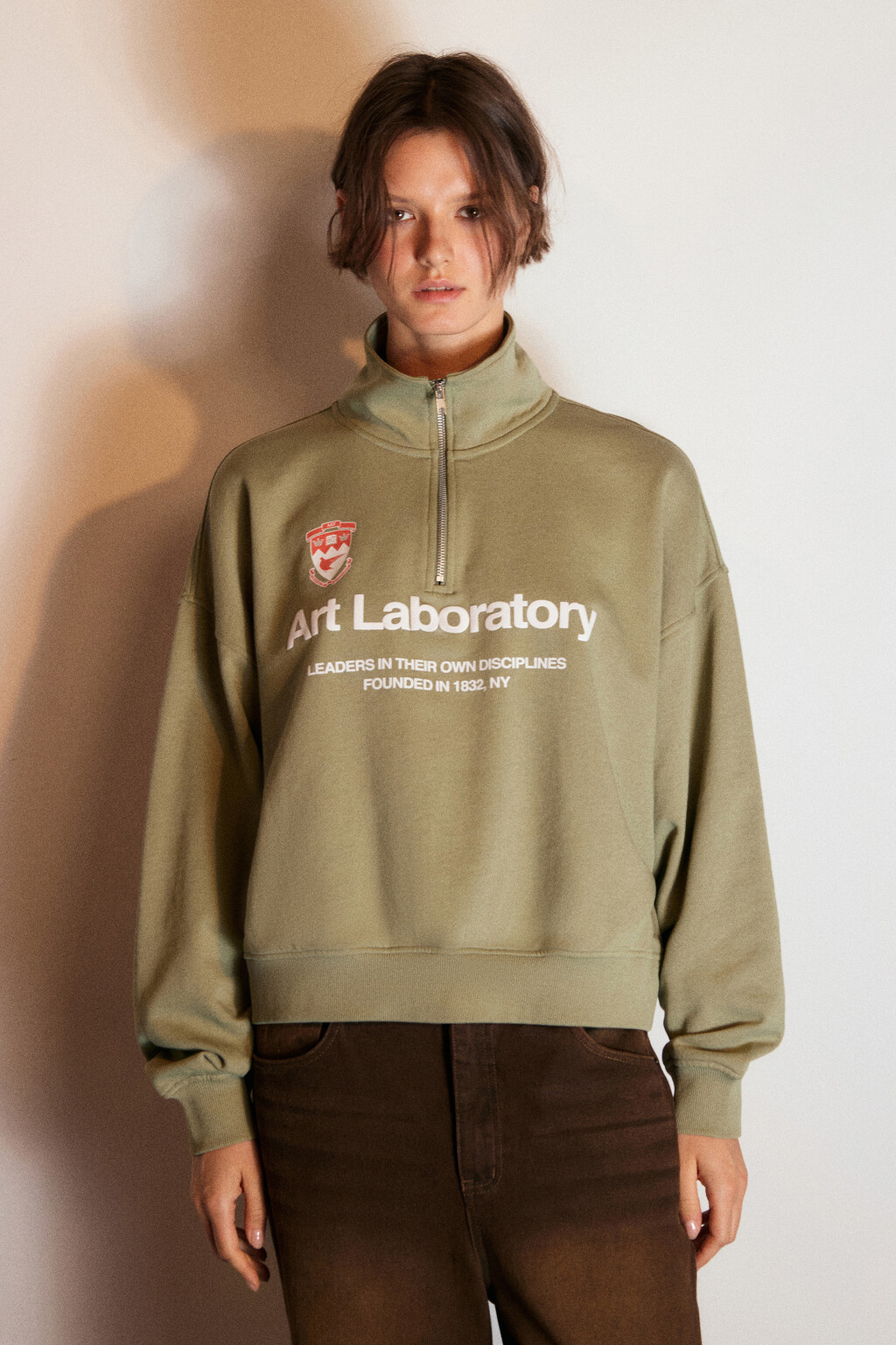 Толстовка half zip из футера с принтом - цвет зеленый - 2