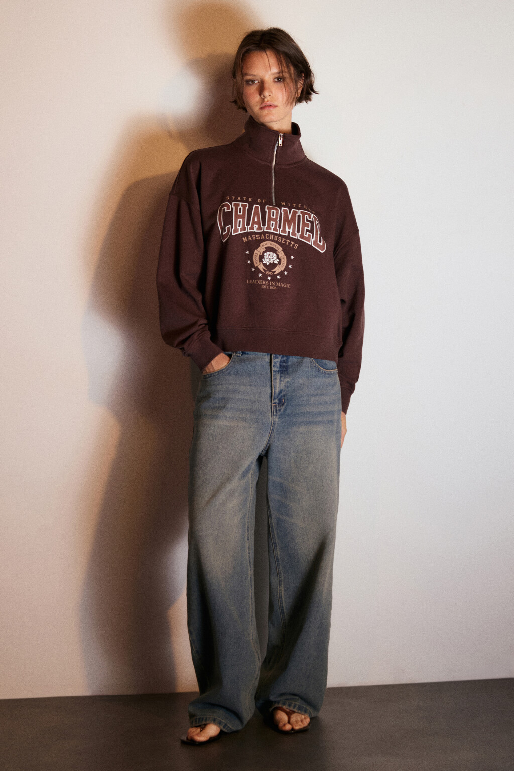 Толстовка half zip из футера с принтом - цвет коричневый - 4