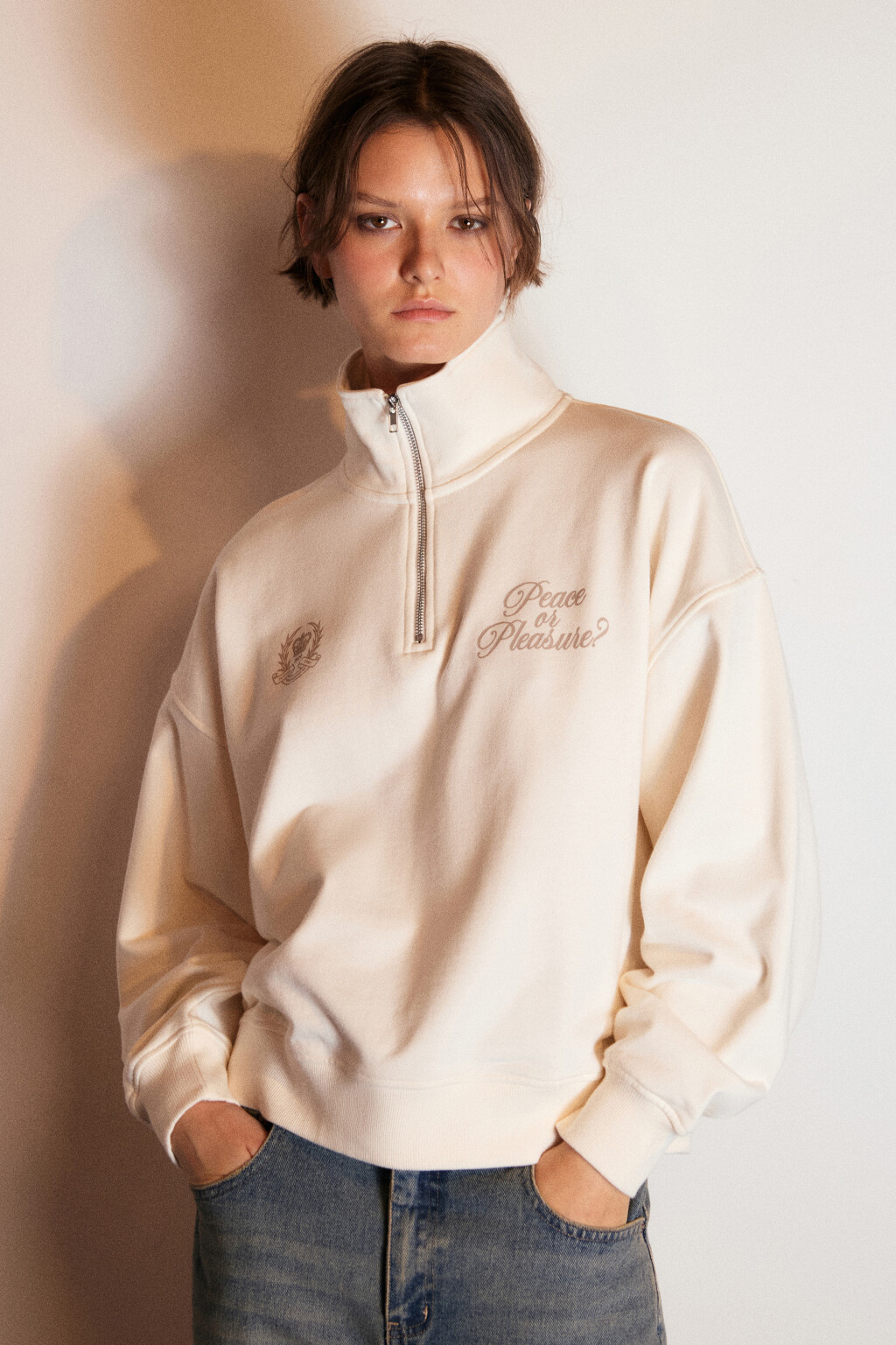 Толстовка half zip из футера с принтом - цвет бежевый - 2