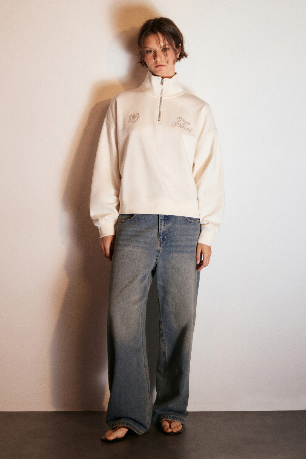 Толстовка half zip из футера с принтом - цвет бежевый - 4