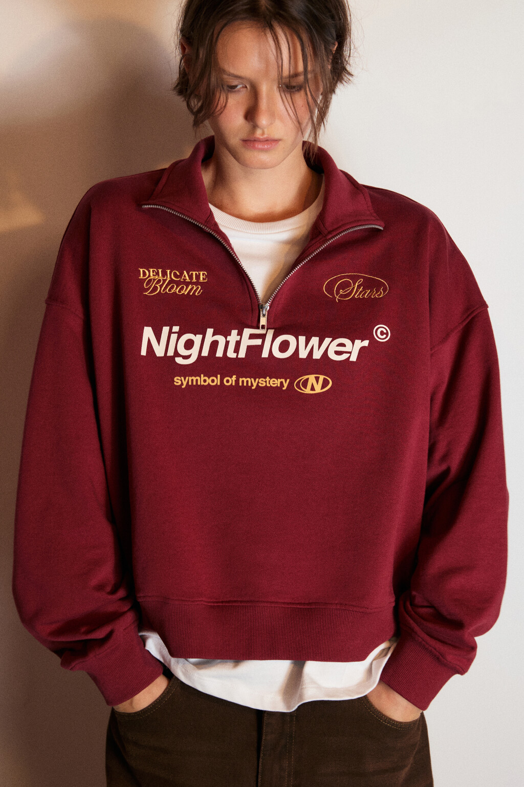 Толстовка half zip из футера с принтом - цвет бордовый - 2