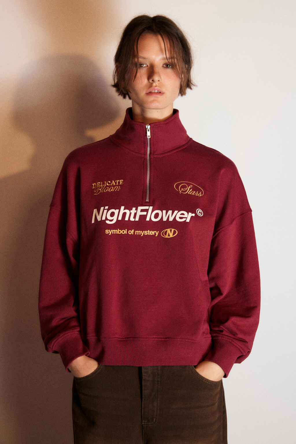 Толстовка half zip из футера с принтом - цвет бордовый - 3