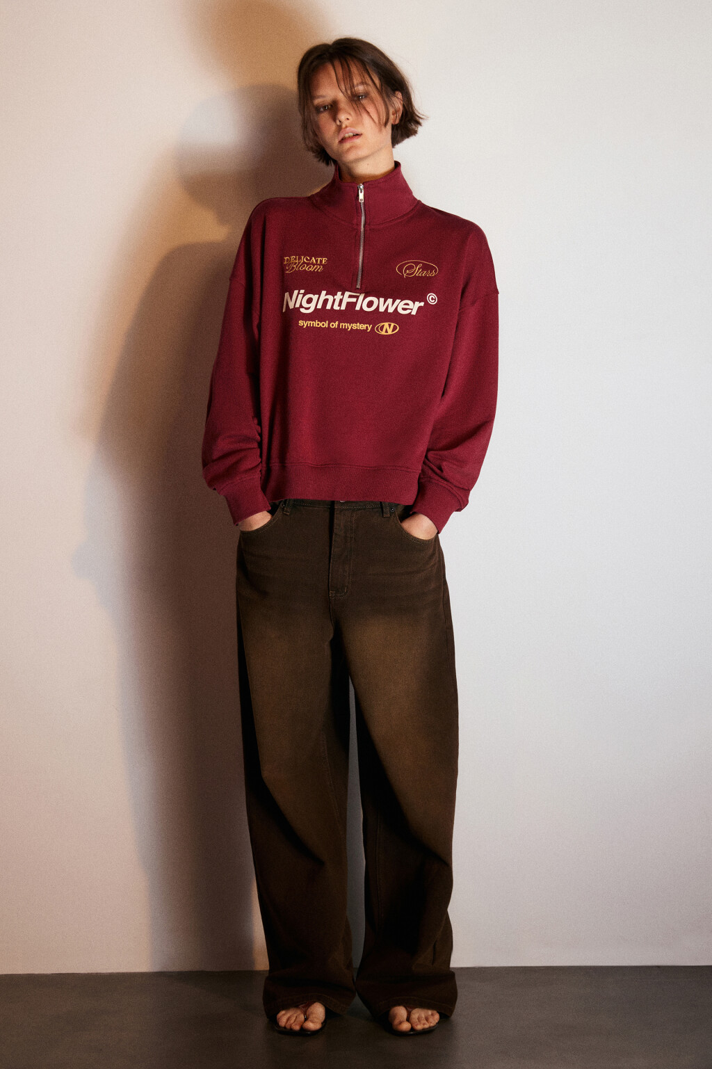 Толстовка half zip из футера с принтом - цвет бордовый - 5