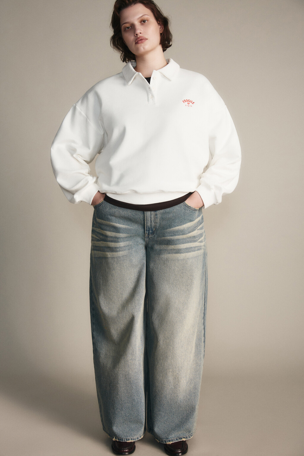 Свитшот-поло с надписью - цвет молочный - 1