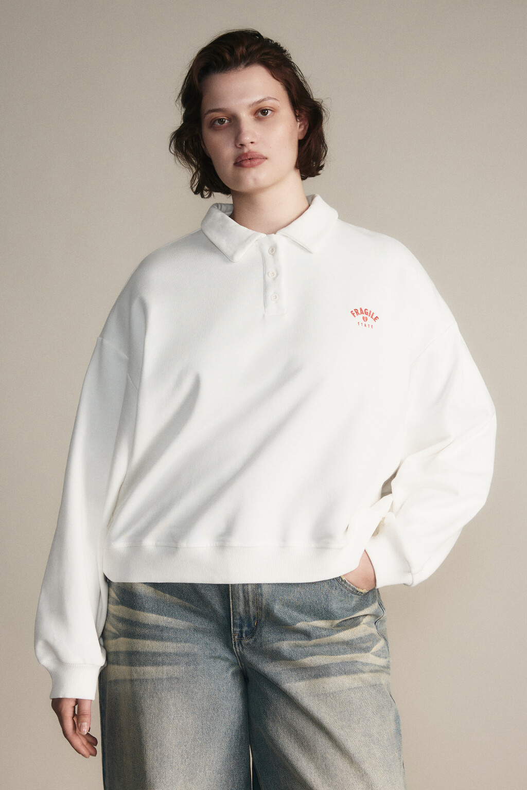 Свитшот-поло с надписью - цвет молочный - 2