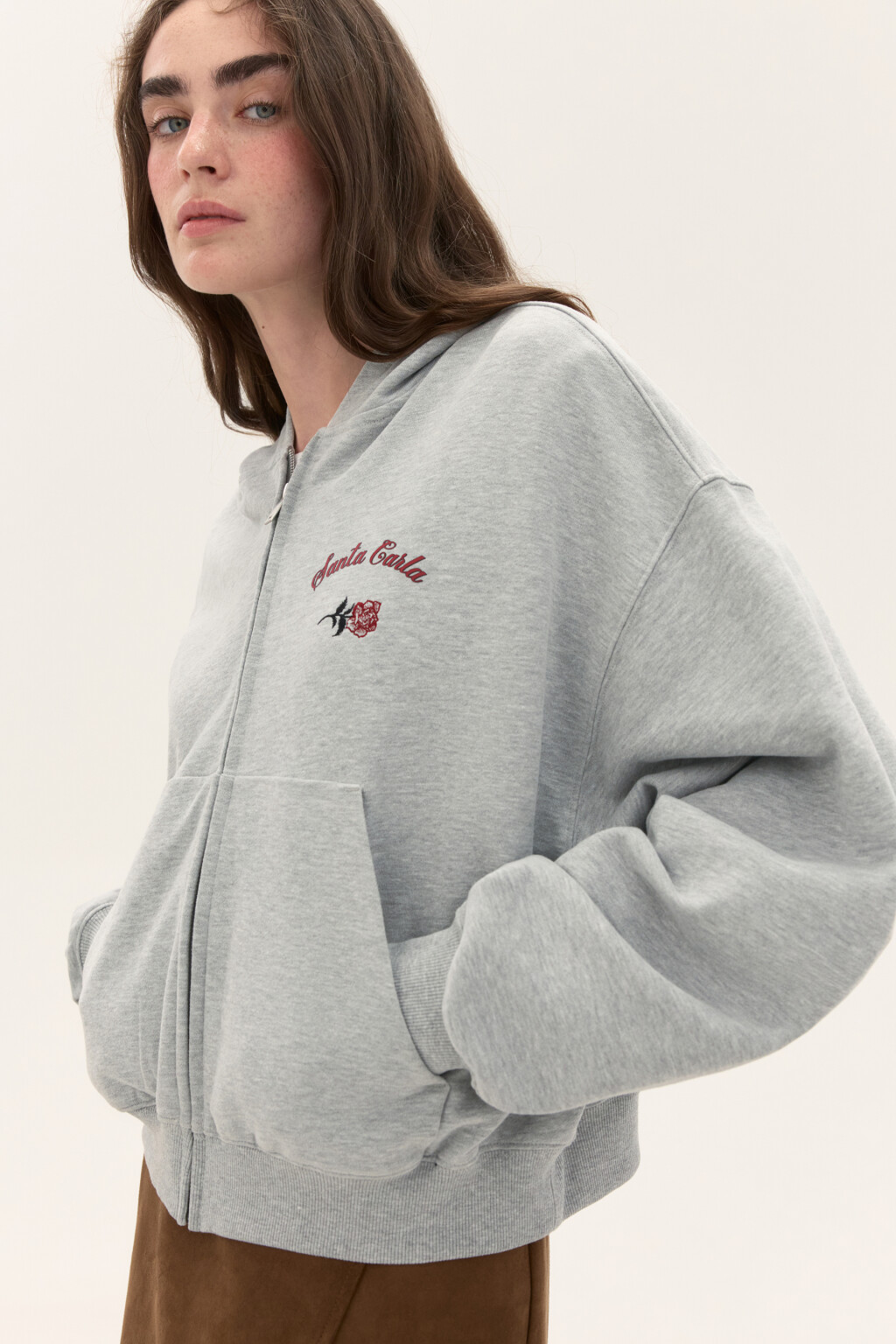 Худи-зипка из футера с принтом - цвет серый - 1