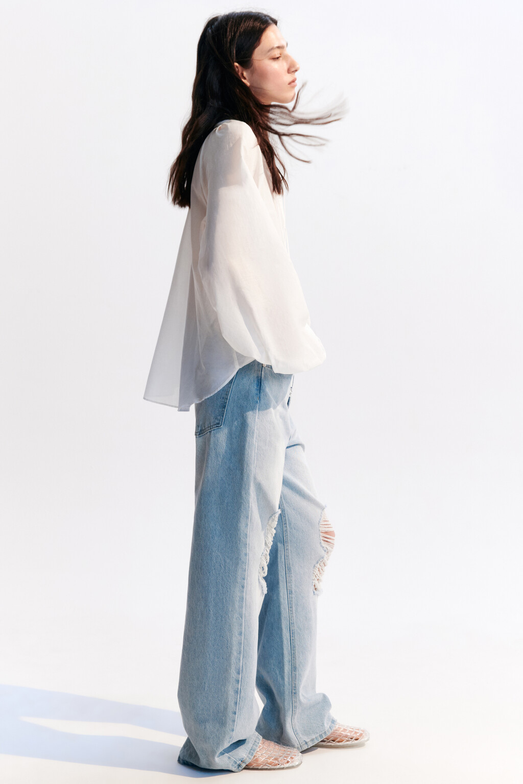 Джинсы baggy рваные на низкой посадке - цвет голубой - 1