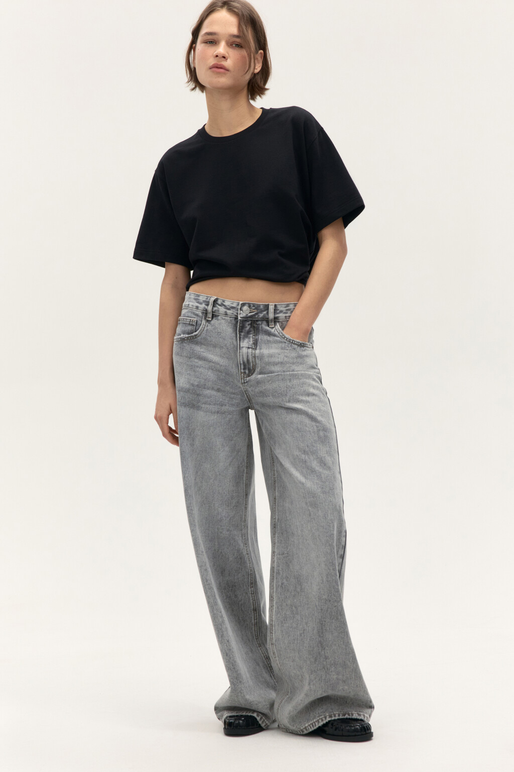 Джинсы широкие со средней посадкой - цвет серый - 1