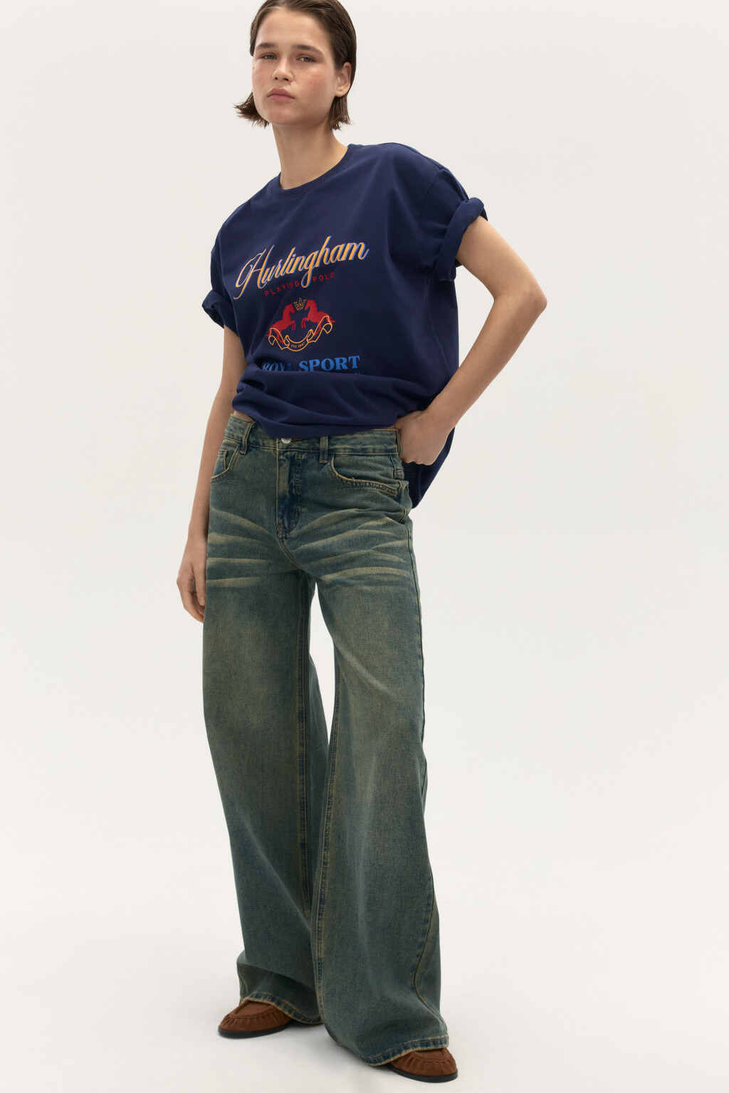 Джинсы широкие со средней посадкой - цвет темный тинт - 1