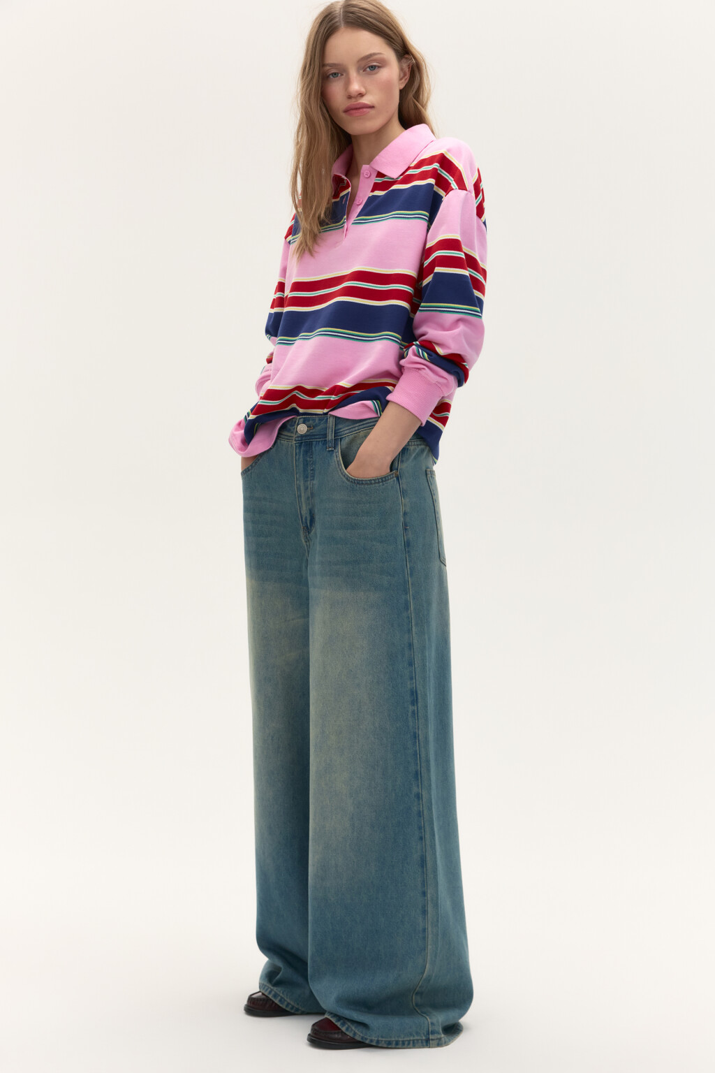 Джинсы широкие со средней посадкой - цвет синий - 1